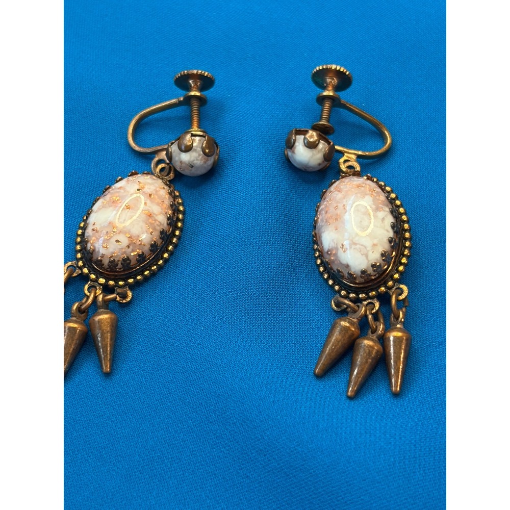 Vintage 50s Gold Confetti‎ Glass Dangle Earrings Screw Back Victorian Revival